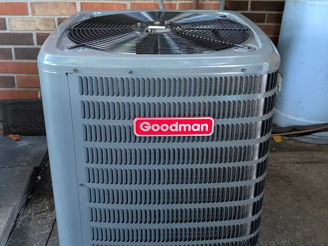 New Goodman central AC condenser installed at Jeffersonville Indiana home after HVAC replacement