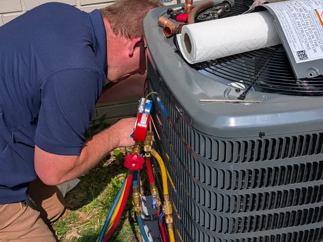 HVAC technician connecting manifold gauges to outdoor AC condenser unit in New Albany Indiana