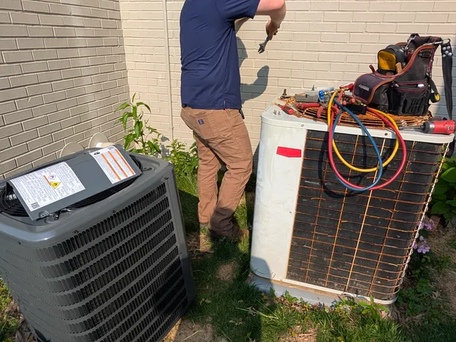 Two outdoor AC condenser units side by side with Henry Brothers technician working, New Albany Indiana