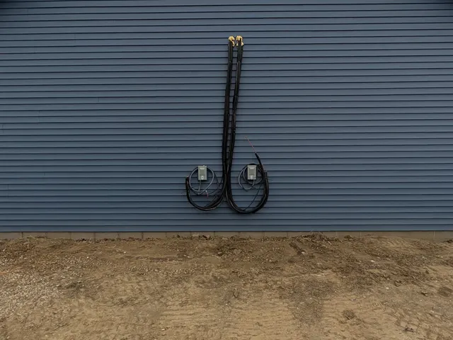 New-construction building exterior with dual mini split line set runs from the roofline to two disconnect boxes at ground level
