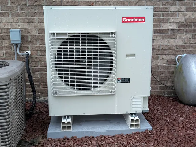 Installed Goodman mini-split condenser on pad with propane tank and old AC unit Clark County Indiana