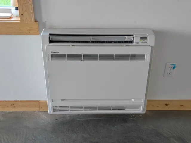 Daikin floor-console mini-split indoor unit installed in a new pole barn build in Southern Indiana