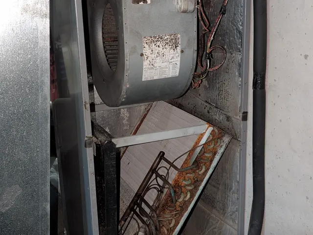 Full open air handler showing blower motor and failed evaporator coil Memphis Indiana