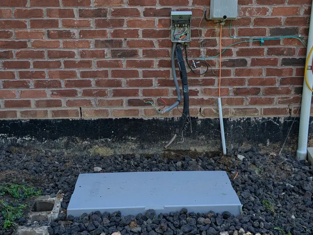 New composite equipment pad set for the mini-split outdoor unit beside the electrical disconnect, Memphis Indiana