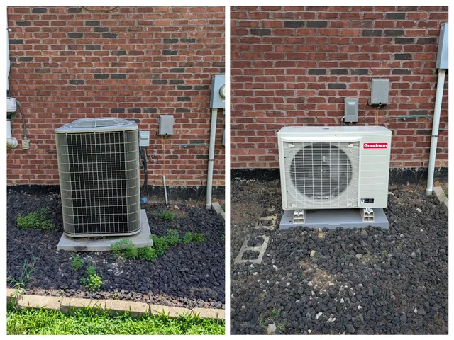 Before and after Goodman mini-split outdoor unit replacing old central AC condenser southern Indiana