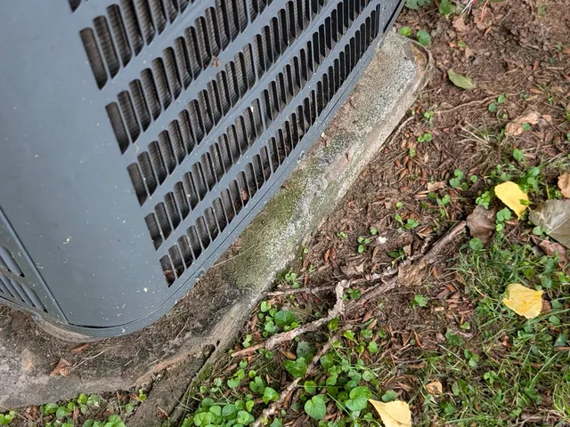 Deteriorated concrete pad under central AC condenser with overgrown vegetation before service